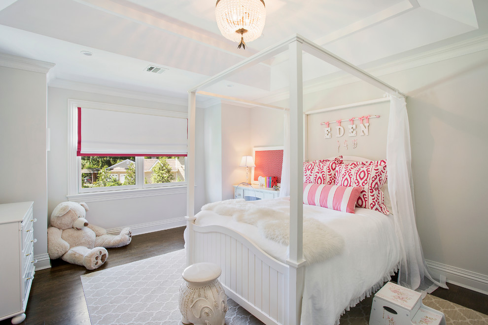 Design ideas for a transitional kids' room in New York with white walls.