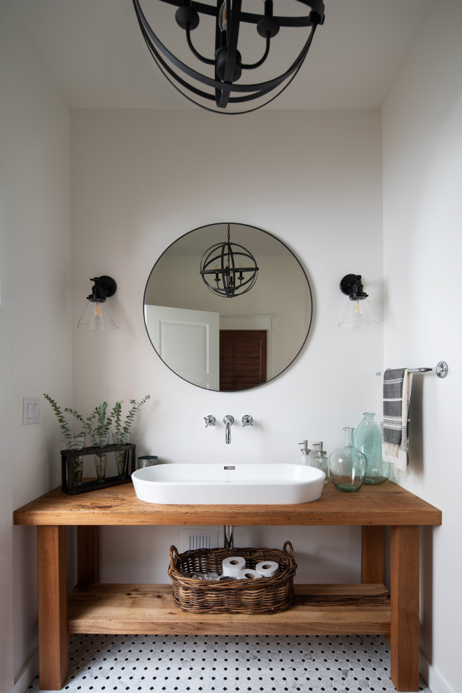 Example of a mid-sized southwest 3/4 multicolored floor and single-sink bathroom design in Denver with medium tone wood cabinets, white walls, a vessel sink, wood countertops, brown countertops, a freestanding vanity and open cabinets