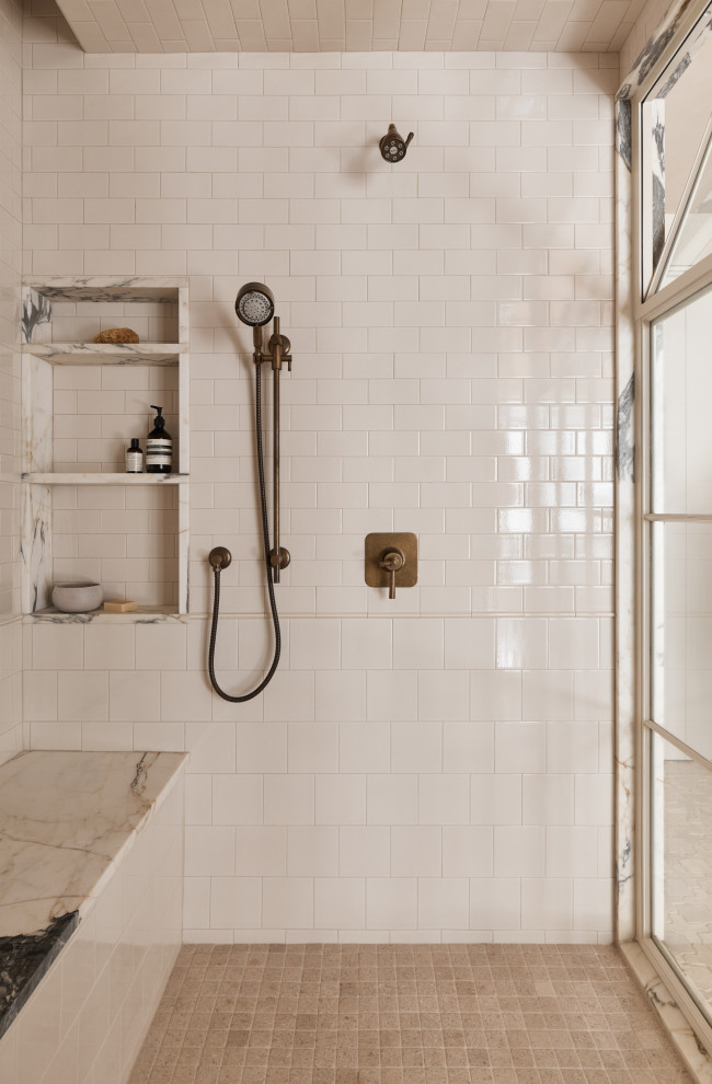 Hill Country Village Legacy Home - Large transitional master white tile and ceramic tile travertine floor and beige floor double shower photo in Austin with white walls, marble countertops, a hinged shower door and a built-in vanity