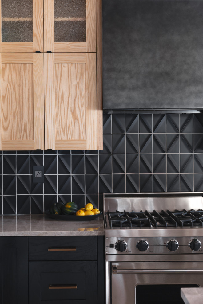 Inspiration for a large transitional l-shaped light wood floor, brown floor and exposed beam eat-in kitchen remodel with a double-bowl sink, shaker cabinets, black cabinets, quartzite countertops, black backsplash, ceramic backsplash, stainless steel appliances, an island and gray countertops