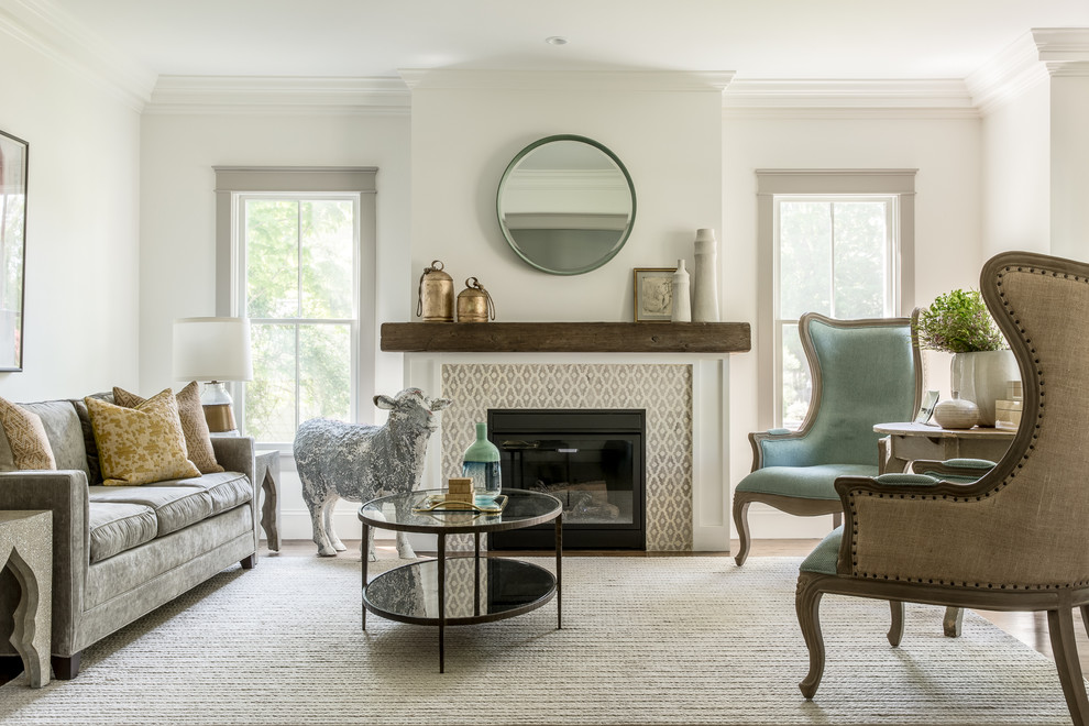 Inspiration for a transitional dark wood floor living room remodel in Boston with white walls, a standard fireplace and a tile fireplace