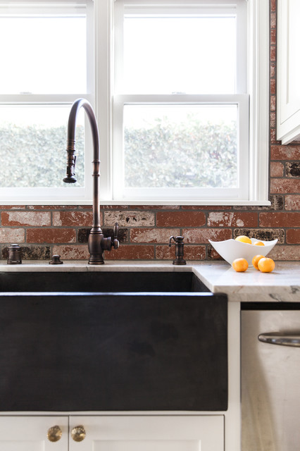 Farmhouse Sink With Brick Backsplash Country Kitchen