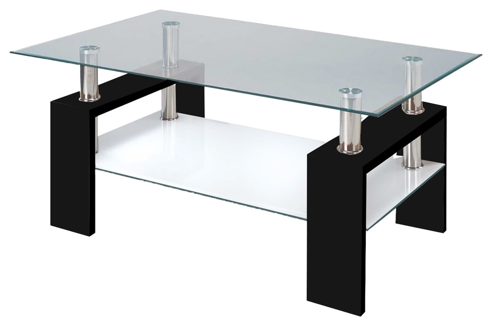 Modern Glass Black Coffee Table with Shelf Contemporary Living Room