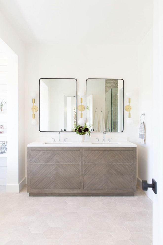 Photo of a large transitional 3/4 bathroom in San Francisco with flat-panel cabinets, medium wood cabinets, white walls, porcelain floors, an undermount sink, grey floor, white benchtops, a double vanity and a built-in vanity.