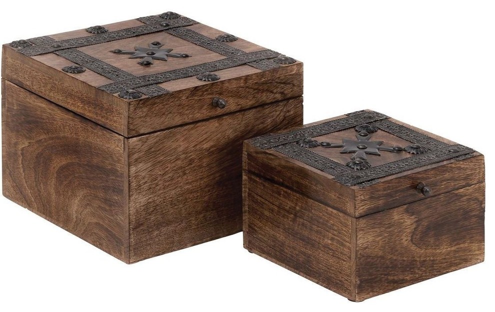 Wood Metal Box with Cube-Shaped Design - Set of 2