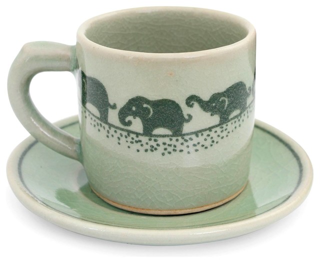 Prancing Elephants Celadon Ceramic Demitasse Cup and Saucer