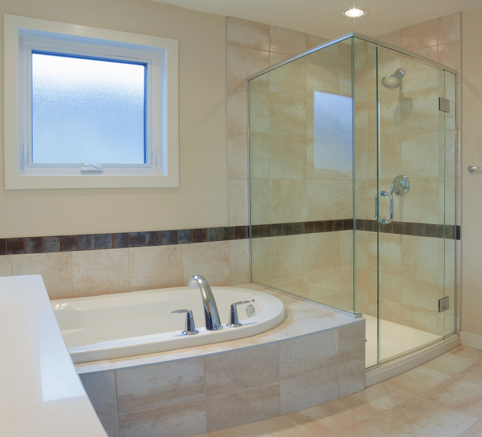 Photo of a small traditional master bathroom in New York with open cabinets, turquoise cabinets, a hot tub, an open shower, a two-piece toilet, beige tile, ceramic tile, white walls, ceramic floors, an undermount sink, tile benchtops, beige floor and a hinged shower door.