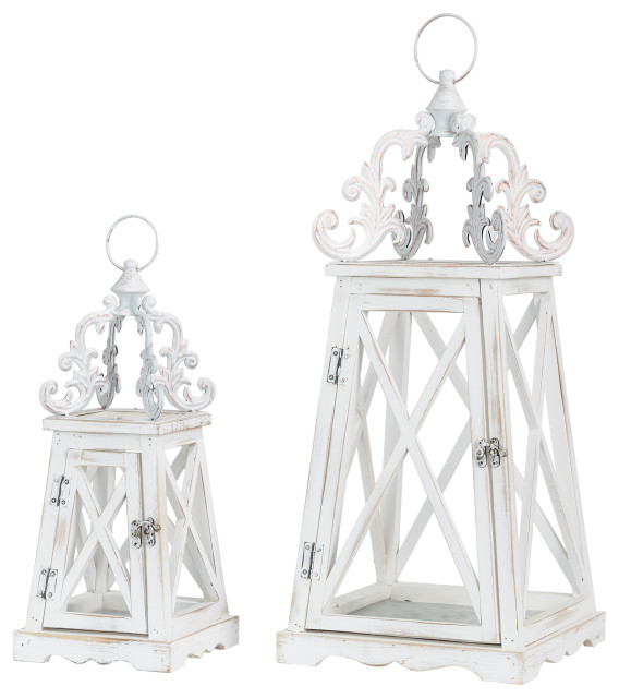 Wash White Farmhouse Modern Wooden Lanterns With 3D Metal Lace Top, Set of 2