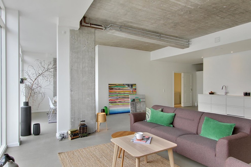 This is an example of an industrial open concept living room in Copenhagen with concrete floors.