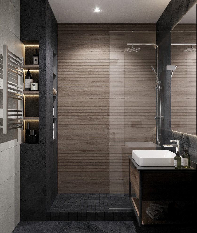 Small contemporary shower room bathroom in Other with flat-panel cabinets, medium wood cabinets, an alcove shower, a wall mounted toilet, black tiles, porcelain tiles, porcelain flooring, a vessel sink, solid surface worktops, black floors, a shower curtain, black worktops, grey walls, a single sink and a floating vanity unit.