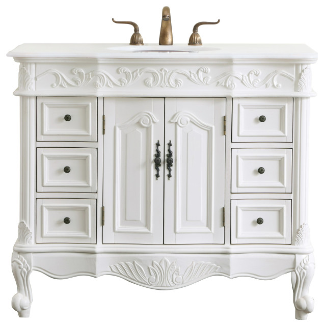 42" Single Bathroom Vanity, Antique White With Ivory White Engineered