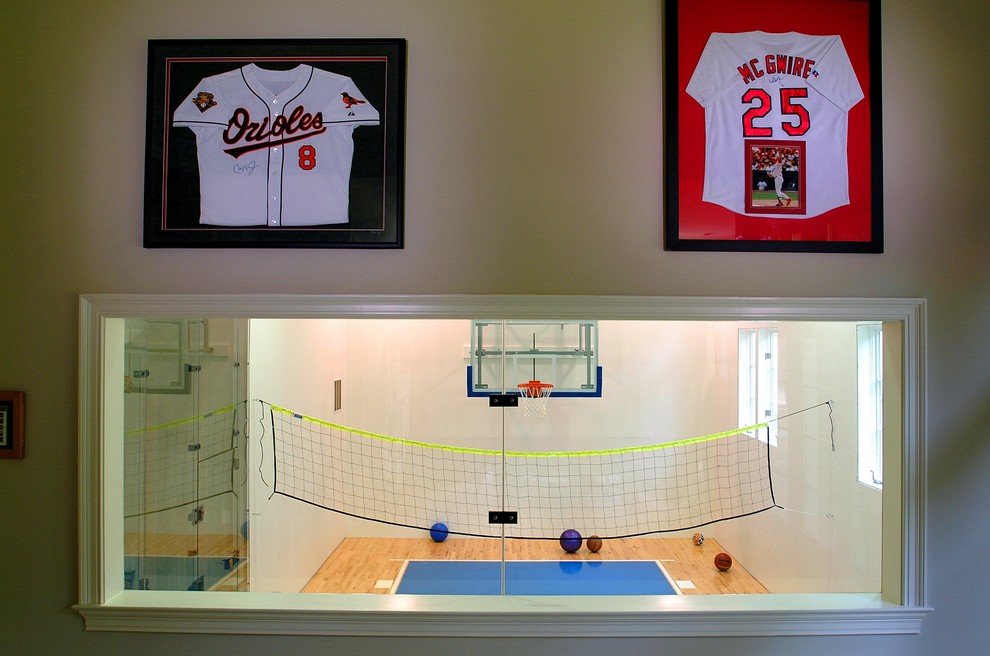 Design ideas for a large traditional indoor sport court in Seattle with white walls and light hardwood floors.