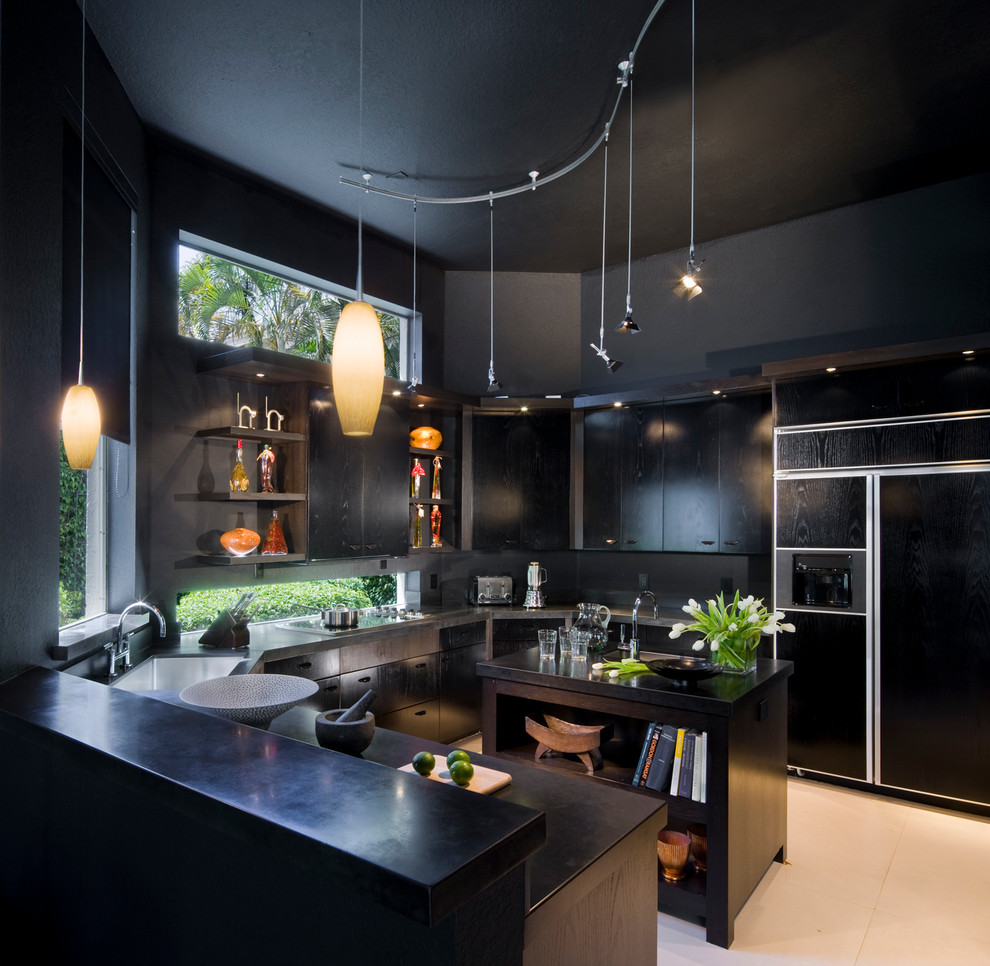 Photo of a contemporary kitchen in Miami with flat-panel cabinets, black cabinets and panelled appliances.