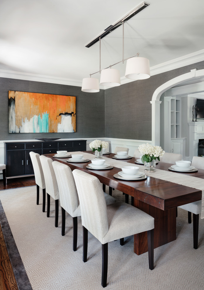 Design ideas for a transitional separate dining room in New York with grey walls.