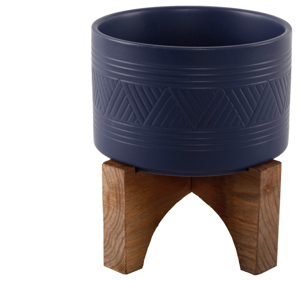 7" Mountain Ceramic Planter On Wood Stand, Matte Navy