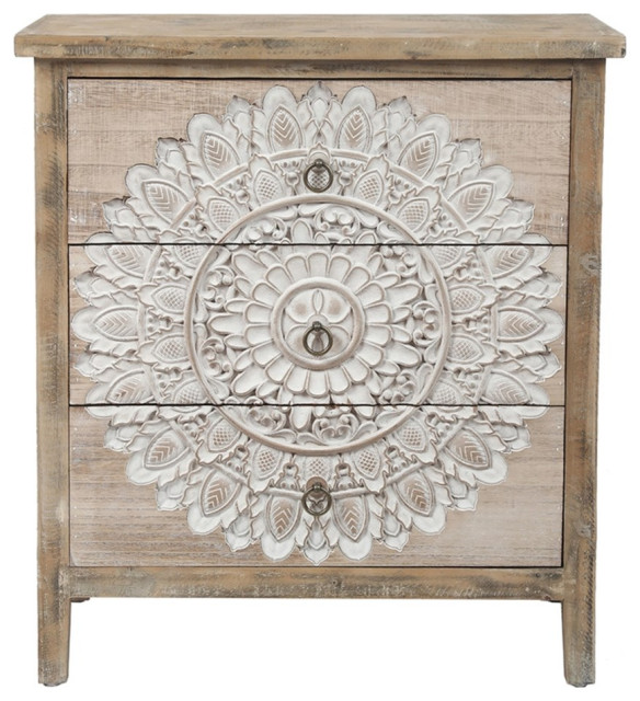 Distressed Natural Wood 3-Drawer 28.2" H White Floral