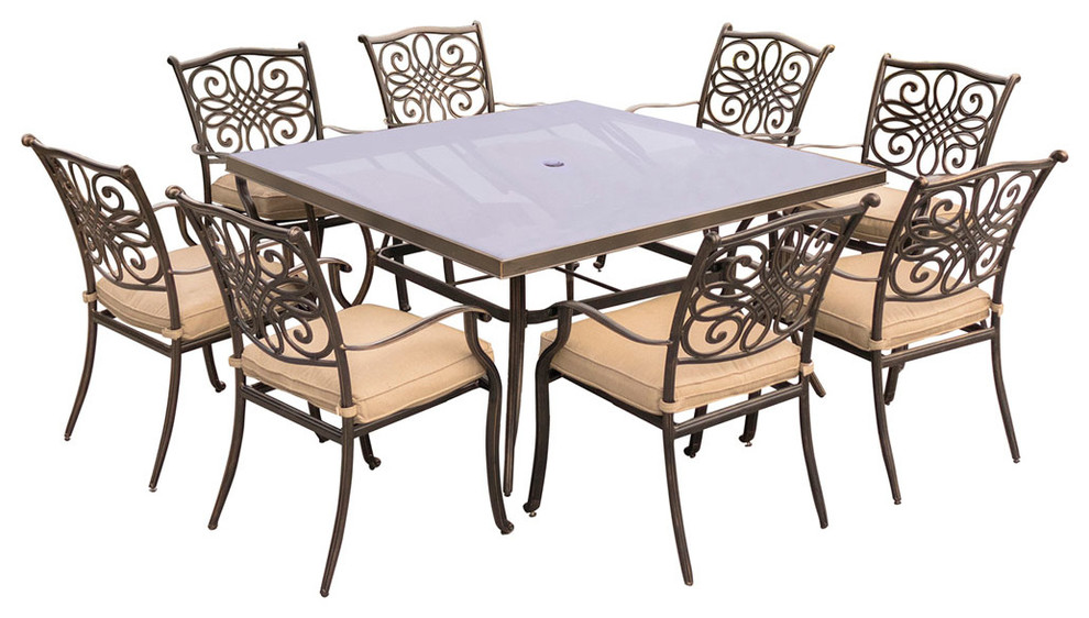 Traditions 9-Piece Dining Set With 60" Square Table, Tan/Bronze