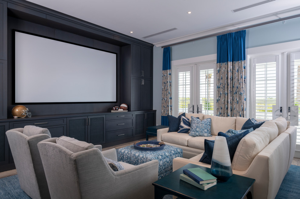 Design ideas for a beach style home theatre in Other.