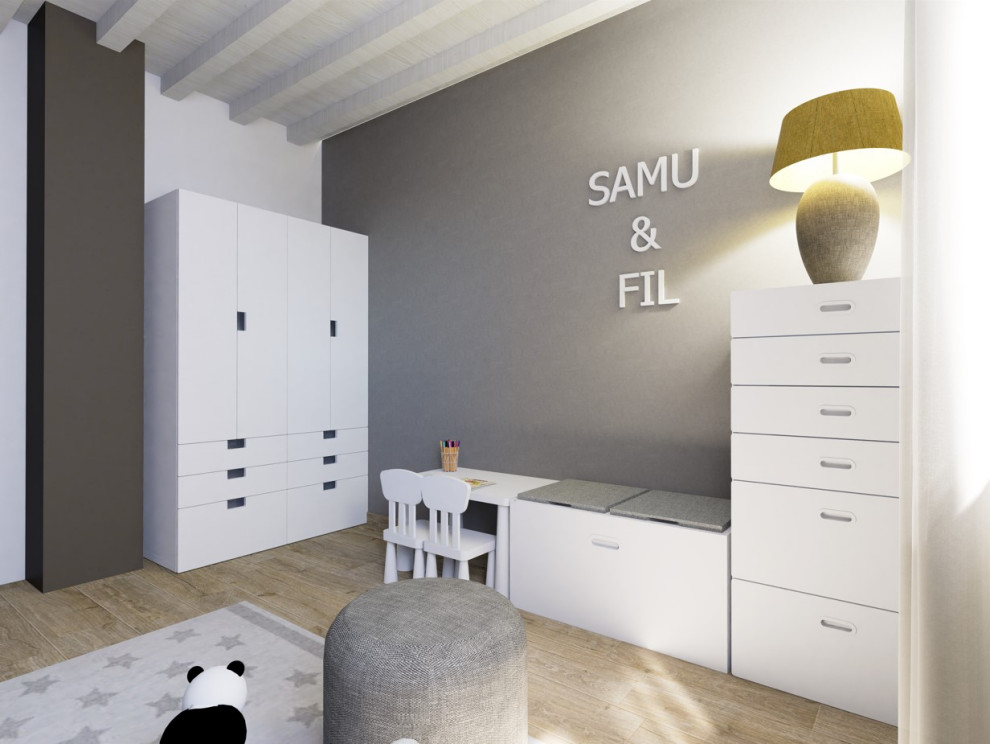 Foto på ett mellanstort minimalistiskt könsneutralt barnrum kombinerat med sovrum och för 4-10-åringar, med beige väggar, ljust trägolv och beiget golv