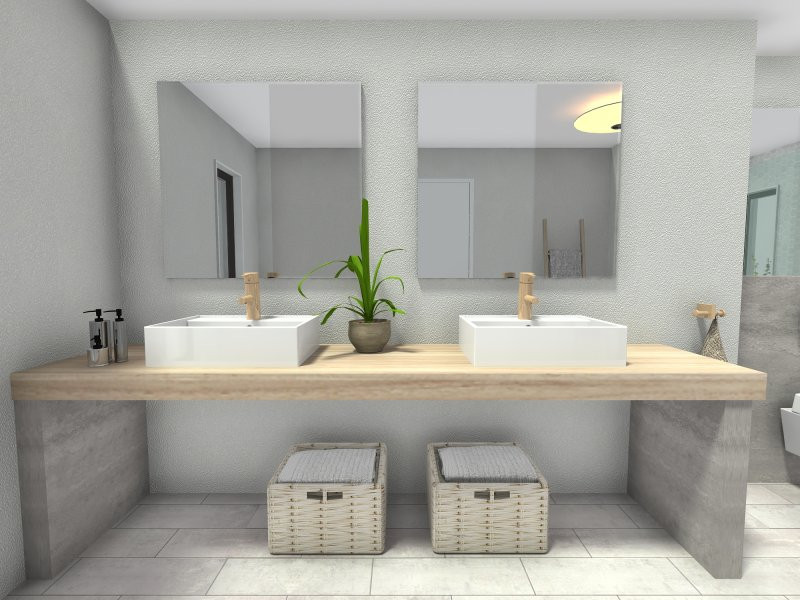 Modelo de cuarto de baño principal y doble nórdico con baldosas y/o azulejos blancos