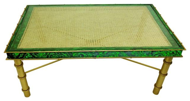 Malachite Emerald Green Gold Long Coffee Table Art Deco Bamboo Vintage Style
