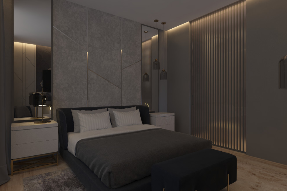 Дизайн мастер спальни двухуровневой квартиры в Москве