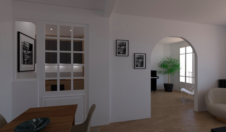 PROPOSITION EN VUE 3D de l’entrée de la cuisine sur le coin repas  : proposition