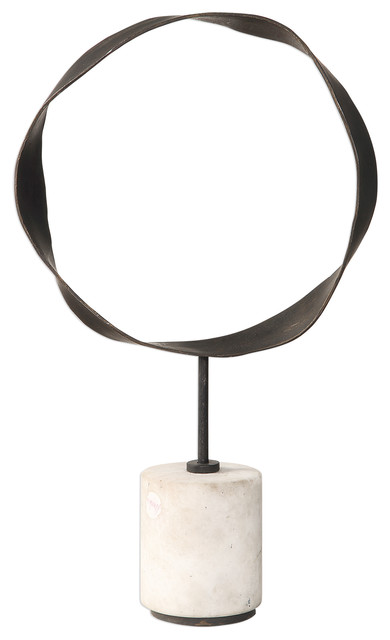 Modern Abstract Open Iron Ring Sculpture Geometric Open Bronze Marble Industrial