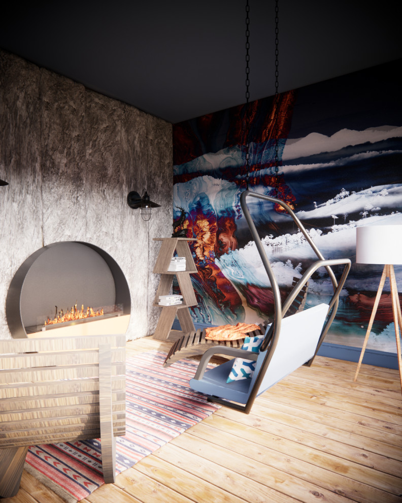 Esempio di un soggiorno scandinavo di medie dimensioni con pareti blu, pavimento in legno verniciato, camino lineare Ribbon, cornice del camino in metallo e pavimento beige
