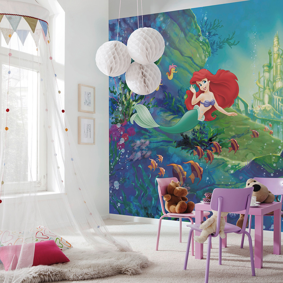 Photo of a small contemporary kids' playroom for kids 4-10 years old and girls in Munich with white walls, carpet and beige floor.