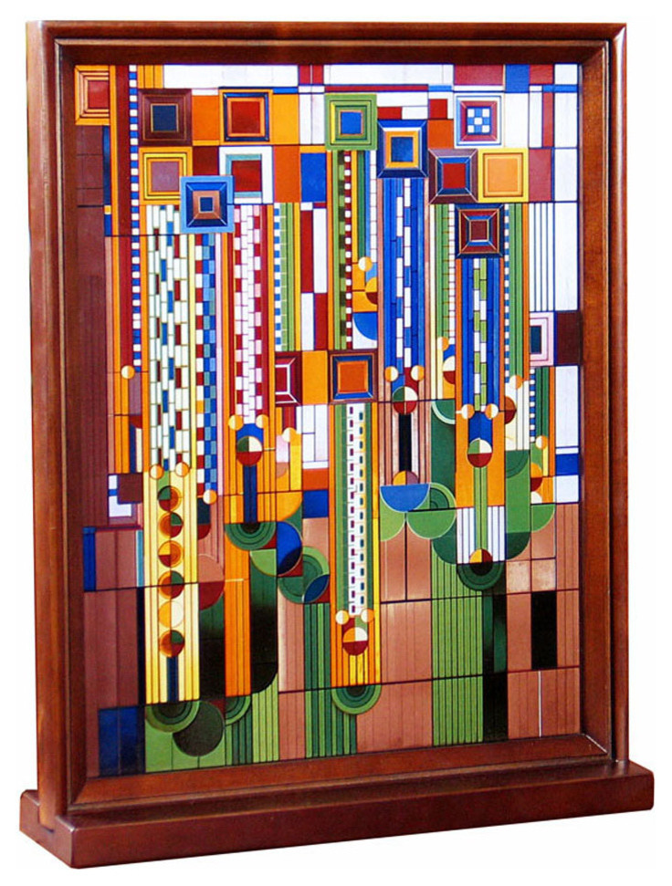 Frank Lloyd Wright Saguaro Wood Framed Stained Glass Midcentury