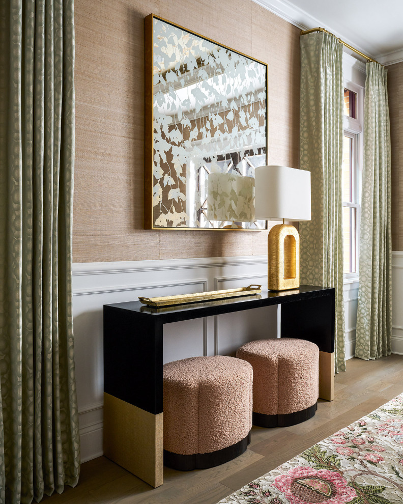 Example of a mid-sized transitional light wood floor and wallpaper dining room design in Chicago