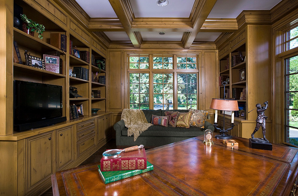 Knotty Alder Library with Built in Bookcases and Coffered ...