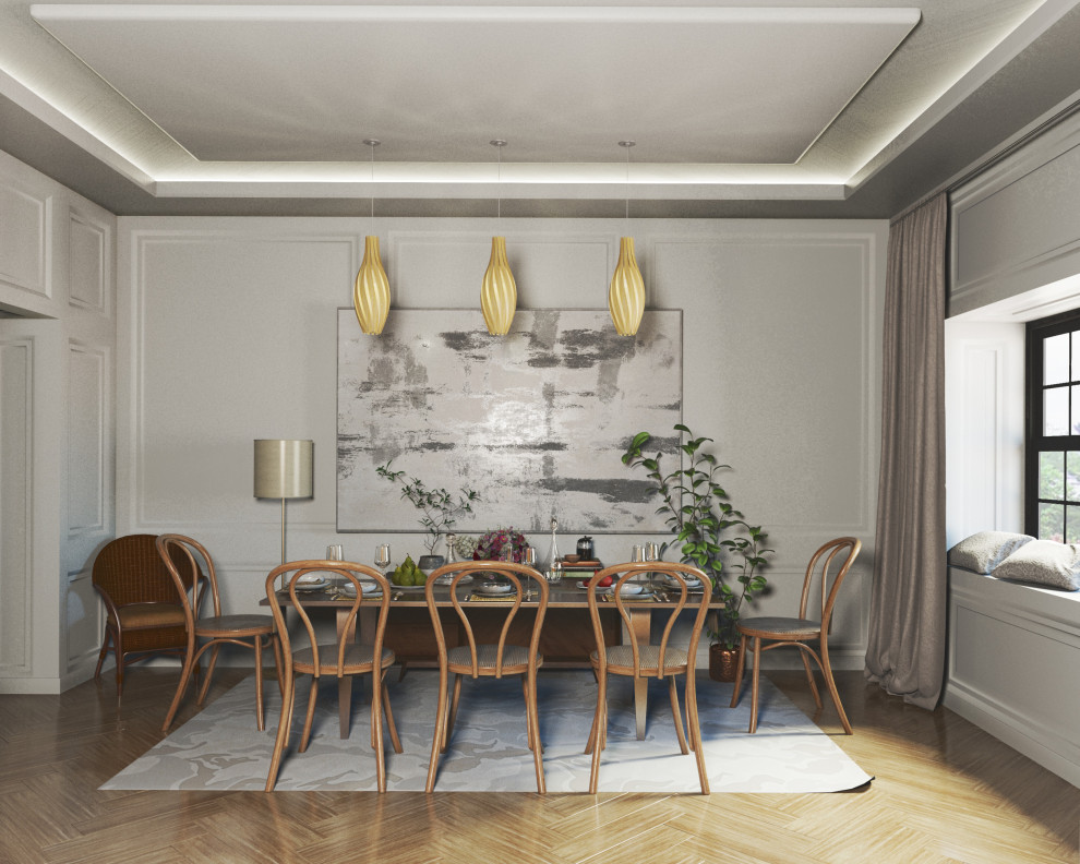 Modelo de comedor vintage de tamaño medio cerrado con paredes blancas, suelo de madera en tonos medios, casetón y panelado