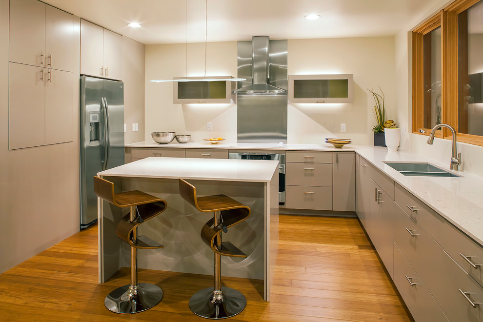Inspiration for a contemporary u-shaped separate kitchen in Seattle with a double-bowl sink, flat-panel cabinets, beige cabinets, metallic splashback, metal splashback, stainless steel appliances, medium hardwood floors and with island.