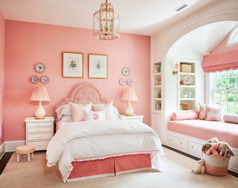 Inspiration for a mid-sized timeless dark wood floor, brown floor and wallpaper kids' room remodel in Boston with pink walls
