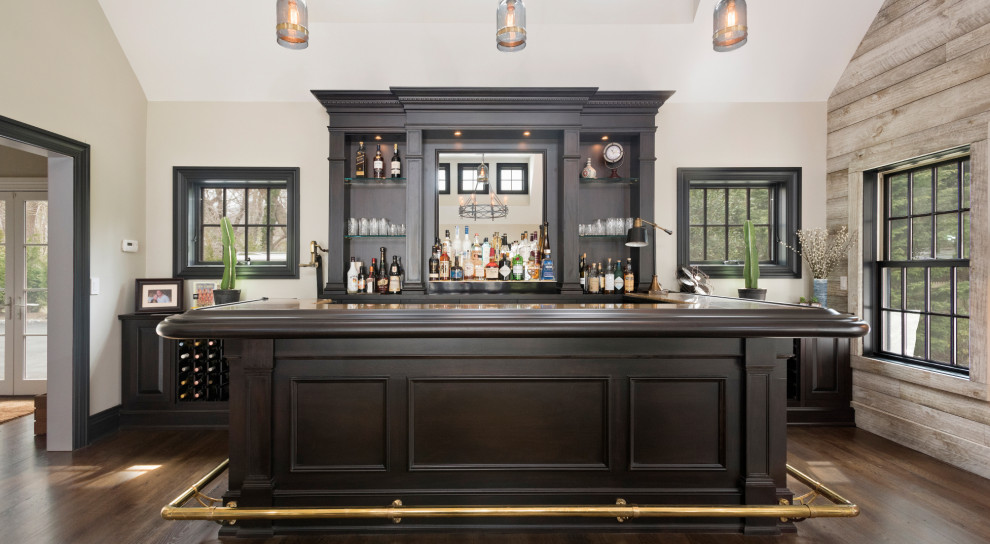 Inspiration for a mid-sized contemporary single-wall home bar in New York with an integrated sink, shaker cabinets, brown cabinets, quartz benchtops, brown splashback and brown benchtop.