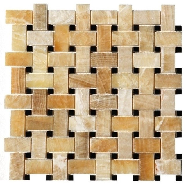 Basket Weave Black Dot Polished Tile, Honey Onyx Contemporary Wall