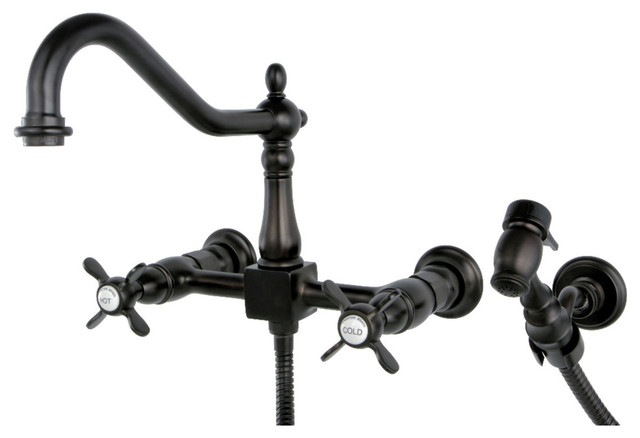 Wall Mount Bridge Kitchen Faucet With Sprayer, Oil Rubbed Bronze