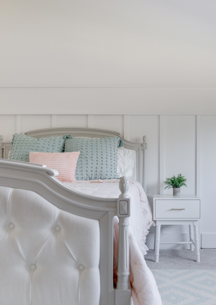 Design ideas for a mid-sized country guest bedroom in Houston with white walls, carpet, grey floor and decorative wall panelling.