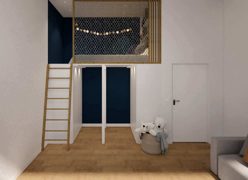 Modern inredning av ett mellanstort könsneutralt tonårsrum kombinerat med sovrum, med blå väggar och ljust trägolv