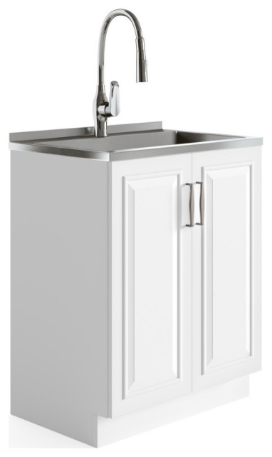 Darwin Contemporary 24" Laundry Cabinet, Pull-Out Faucet, Stainless Steel Sink, Pure White, 28"