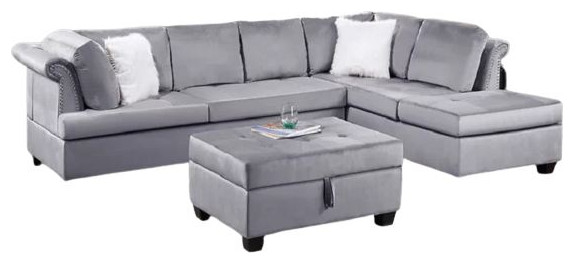 Valenca 3 Piece Sectional With Storage Ottoman Upholstered, Velvet, Gray
