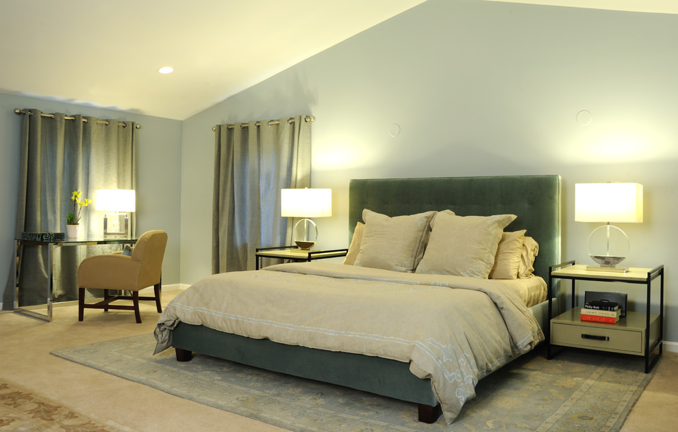 Inspiration for a large transitional master bedroom in DC Metro with blue walls and carpet.
