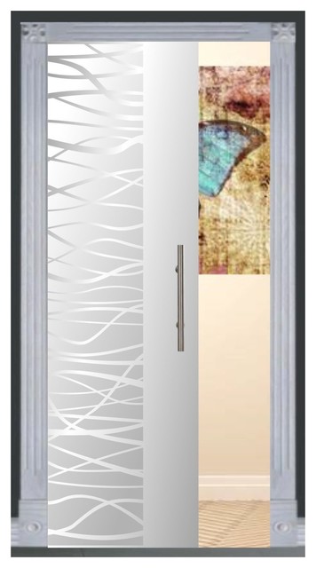 Frameless Glass Pocket Sliding Door And Frosted Wave Lines