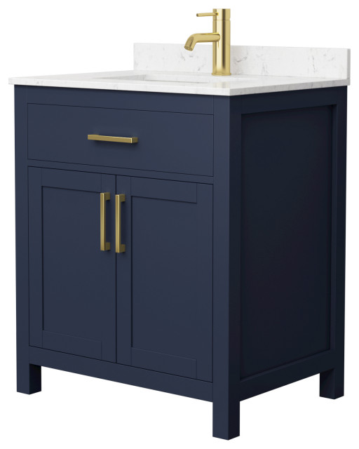 Beckett 30" Single Vanity, Dark Blue, Carrara Cultured Marble Top, Gold