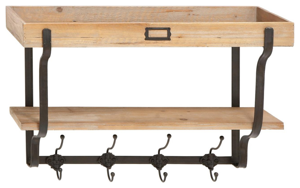 Zimlay Farmhouse Iron and Fir Wood TwoTier Wall Shelf With Hooks 56024