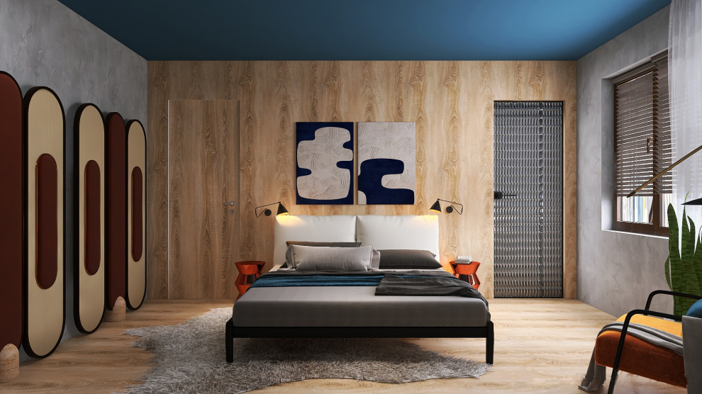 Дизайн спальни, совмещенной с санузлом, для молодого человека