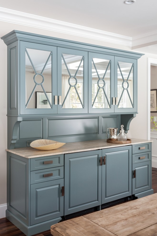 Example of a transitional medium tone wood floor kitchen/dining room combo design in Boston with gray walls