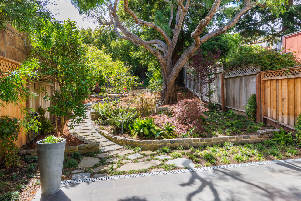 Design ideas for a traditional backyard partial sun garden in San Francisco with a garden path and natural stone pavers.